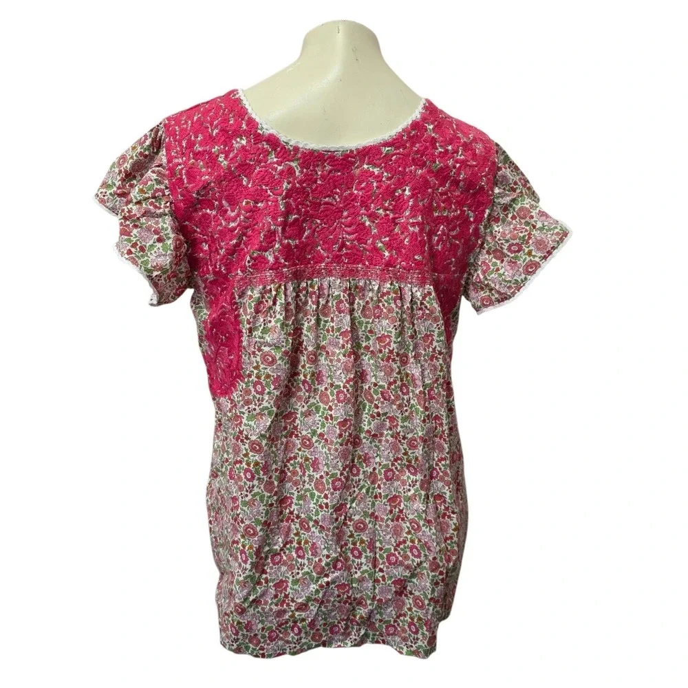 J Marie XL Pink Floral Embroidered Flutter Sleeve Boho Peasant Tunic Blouse Top